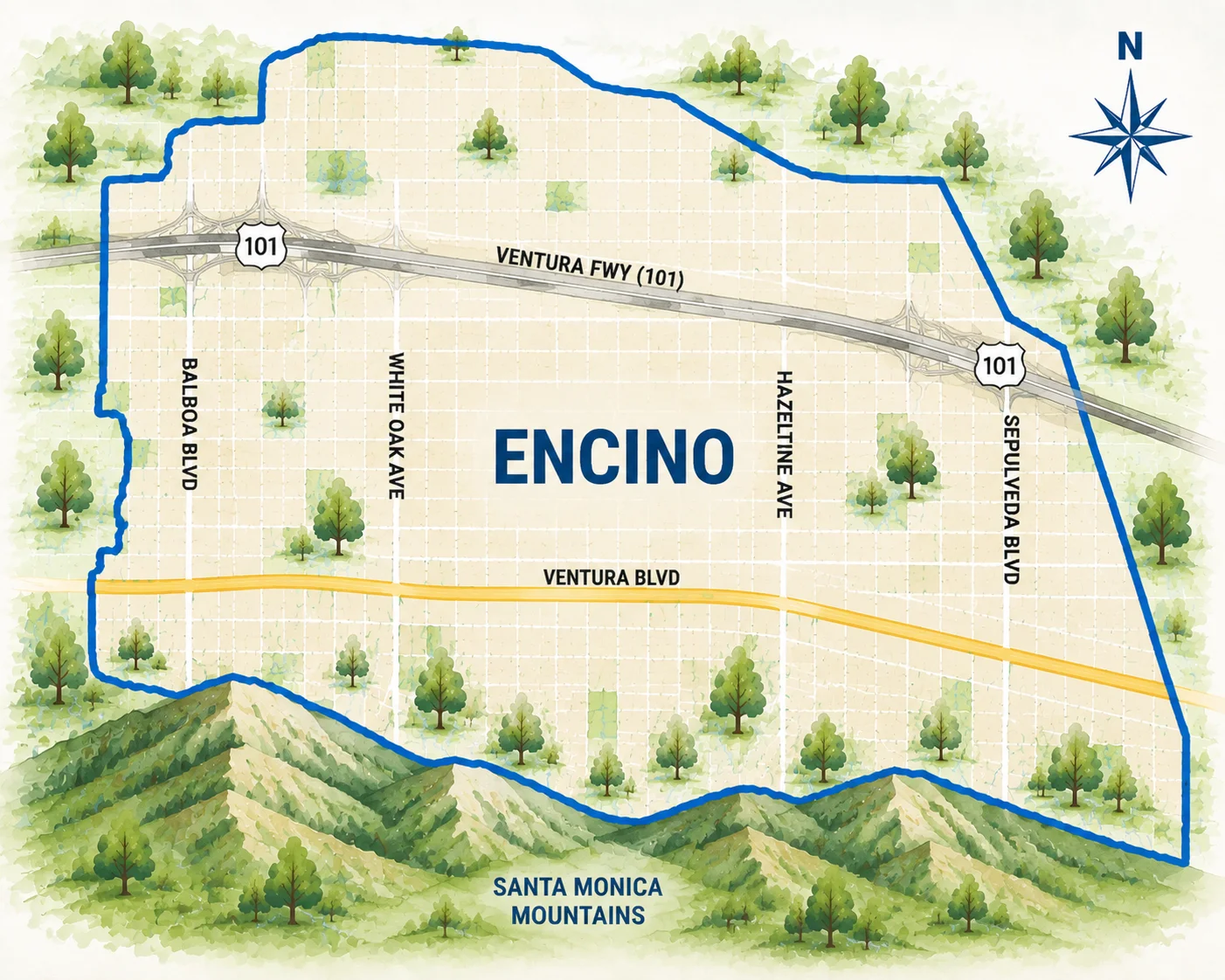 Illustrated Encino pool service area showing Ventura Boulevard and the 101 corridor